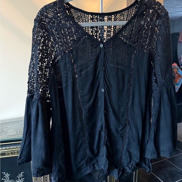 Tops - Women's Black Lace Button-Up Top